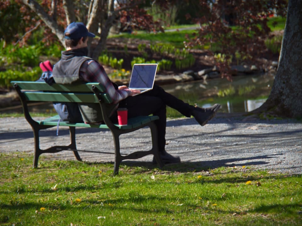 Student arbeitet am Laptop auf einer Parkbank