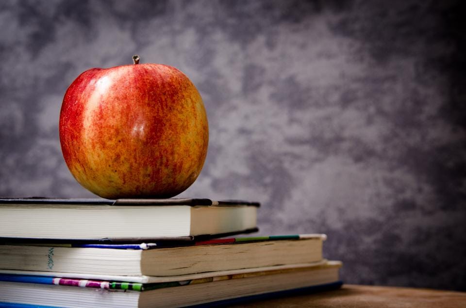 Apfel auf einem Bücherstapel vor einer Tafel